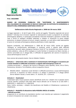 Prot. U0225880 BANDO AD EVIDENZA PUBBLICA PER “SOSTENERE IL MANTENIMENTO DELL'alloggio in LOCAZIONE DI NUCLEI FAMILIARI in D