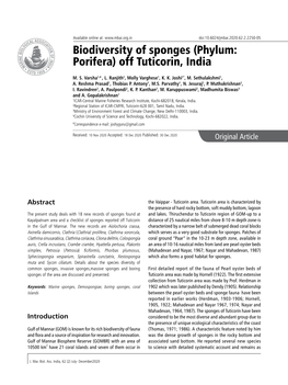 Biodiversity of Sponges (Phylum: Porifera) Off Tuticorin, India