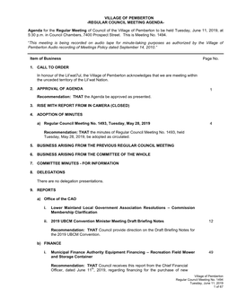 Regular Council Meeting Agenda