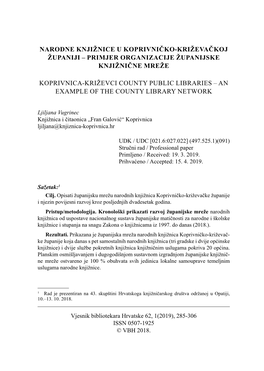 Narodne Knjižnice U Koprivničko-Križevačkoj Županiji – Primjer Organizacije Županijske Knjižnične Mreže