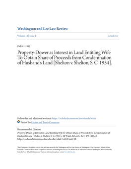 Property-Dower As Interest in Land Entitling Wife to Obtain Share of Proceeds from Condemnation of Husband's Land [Shelton V