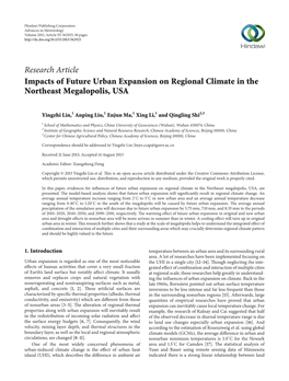 Research Article Impacts of Future Urban Expansion on Regional Climate in the Northeast Megalopolis, USA