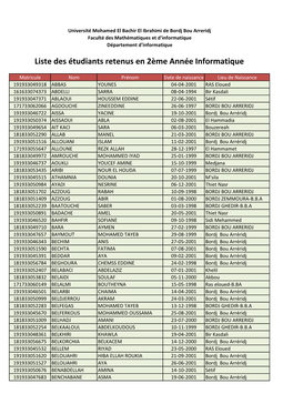 Liste Des Étudiants Retenus En 2Ème Année Informatique