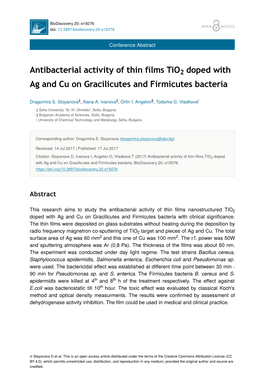 Antibacterial Activity of Thin Films Tio Doped with Ag And