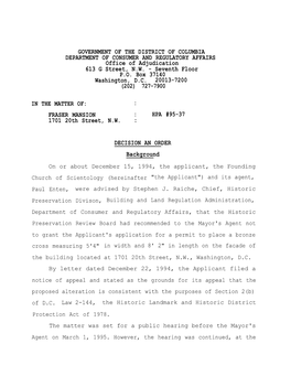 GOVERNMENT of the DISTRICT of COLUMBIA DEPARTMENT of CONSUMER and REGULATORY AFFAIRS Office of Adjudication 613 G Street, N.W. - Seventh Floor P.O