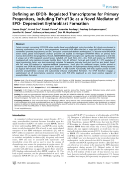 Regulated Transcriptome for Primary Progenitors, Including Tnfr-Sf13c As a Novel Mediator of EPO- Dependent Erythroblast Formation