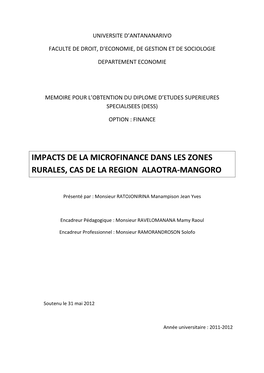Impacts De La Microfinance Dans Les Zones Rurales, Cas De La Region Alaotra-Mangoro