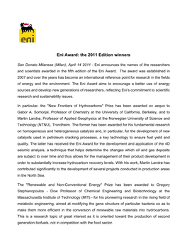 Eni Award: the 2011 Edition Winners