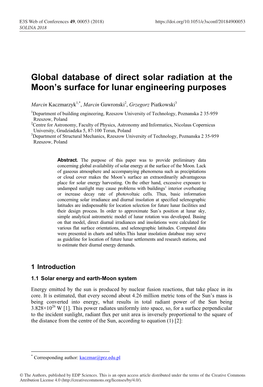Global Database of Direct Solar Radiation at the Moon's Surface For