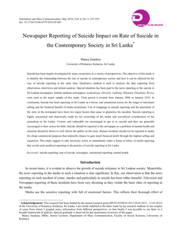 Newspaper Reporting of Suicide Impact on Rate of Suicide in the Contemporary Society in Sri Lanka*