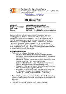 Gurdwara Sri Guru Singh Sabha JOB DESCRIPTION