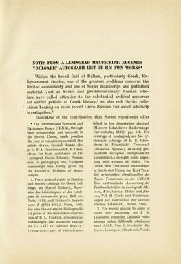 NOTES from a LENINGRAD MANUSCRIPT: EUGENIOS VOULGARIS' AUTOGRAPH LIST of HIS OWN WORKS* Within the Broad Field of Balkan, Partic