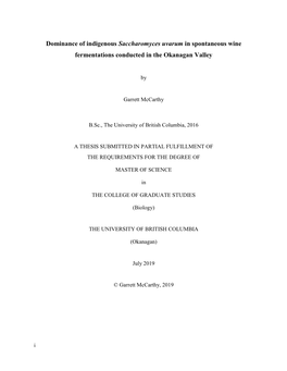 Dominance of Indigenous Saccharomyces Uvarum in Spontaneous Wine Fermentations Conducted in the Okanagan Valley
