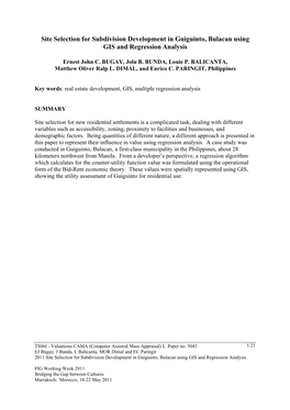 Site Selection for Subdivision Development in Guiguinto, Bulacan Using GIS and Regression Analysis