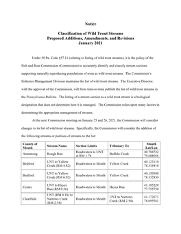 Notice Classification of Wild Trout Streams Proposed Additions