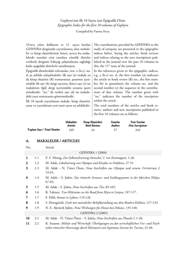 Gephyra'nın Ilk 10 Sayısı Için Epigrafik Dizin Epigraphic Index for the First 10 Volumes of Gephyra A. MAKALELER / ARTICLE