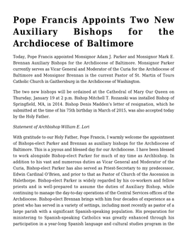 Pope Francis Appoints Two New Auxiliary Bishops for the Archdiocese of Baltimore