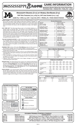 GAME INFORMATION Mississippi Braves Media Relations Department Trustmark Park • 1 Braves Way • Pearl, Ms • 39208
