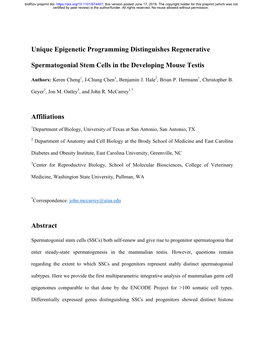 Unique Epigenetic Programming Distinguishes Regenerative Spermatogonial Stem Cells in the Developing Mouse Testis Affiliations A