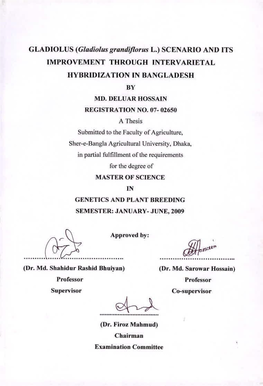 GLADIOLUS (Gladiolus Grandorus L.) SCENARIO and ITS IMPROVEMENT TI-IROU(;H INTERVARIETAL HYBRIDIZATION in BANGLADESH by MD