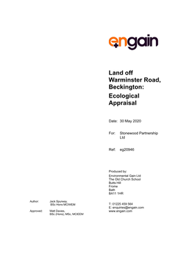 Land Off Warminster Road, Beckington: Ecological Appraisal