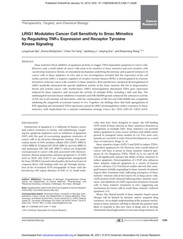 LRIG1 Modulates Cancer Cell Sensitivity to Smac Mimetics by Regulating Tnfa Expression and Receptor Tyrosine Kinase Signaling