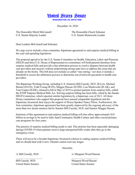 Urge You to Include a Four-Committee, Bipartisan Agreement to End Surprise Medical Billing in the Year-End Spending Legislation