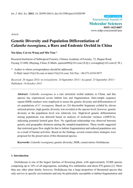 Genetic Diversity and Population Differentiation of Calanthe Tsoongiana, a Rare and Endemic Orchid in China