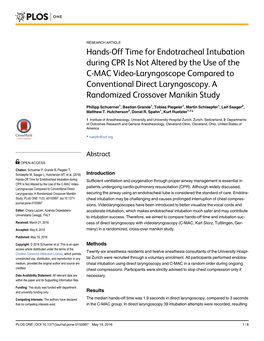 Hands-Off Time for Endotracheal Intubation During CPR Is Not Altered by the Use of the C-MAC Video-Laryngoscope Compared to Conventional Direct Laryngoscopy