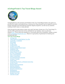 Ecollegefinder's Top Travel Blogs Award