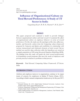 Influence of Organizational Culture on Total Reward Preferences: a Study of IT Sector in India Gagandeep Kaur*, R