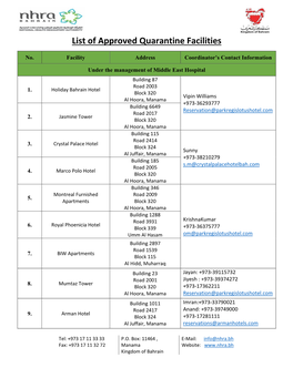 List of Approved Quarantine Facilities