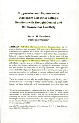 Suppression and Repression in Discrepant Self-Other Ratings: Relations with Thought Control and Cardiovascular Reactivity