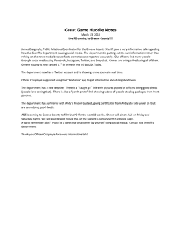 Great Game Huddle Notes March 13, 2018 Live PD Coming to Greene County!!!!