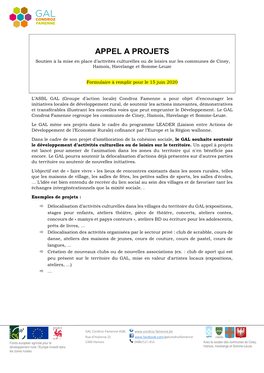 APPEL a PROJETS Soutien À La Mise En Place D’Activités Culturelles Ou De Loisirs Sur Les Communes De Ciney, Hamois, Havelange Et Somme-Leuze