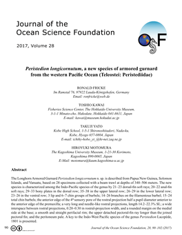 Peristedion Longicornutum, a New Species of Armored Gurnard from the Western Pacific Ocean (Teleostei: Peristediidae)