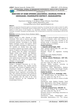 Rrecord of Some Spiders (Arachnida: Araneae) Found in Ghodazari, Chandrapur District, Maharashtra