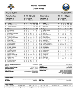 Florida Panthers Game Notes