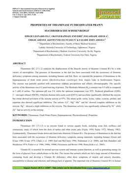 Properties of Thiaminase in Freshwater Prawn Machrobrachium Rosenbergii 39