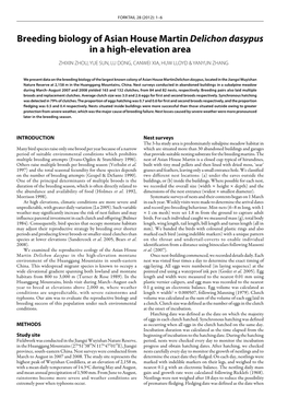 Breeding Biology of Asian House Martin Delichon Dasypus in a High-Elevation Area