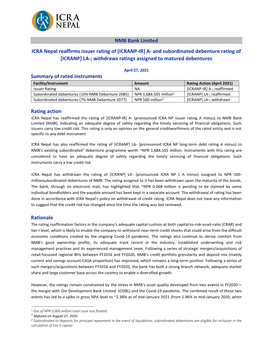 NMB Bank Limited ICRA Nepal Reaffirms Issuer Rating of [ICRANP-IR] A- and Subordinated Debenture Rating of [ICRANP] LA-; Withdra