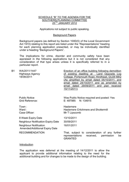 Schedule “B” to the Agenda for the Southern Planning Committee 25Th January 2012