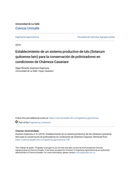 Establecimiento De Un Sistema Productivo De Lulo (Solanum Quitoense Lam) Para La Conservación De Polinizadores En Condiciones De Chámeza Casanare