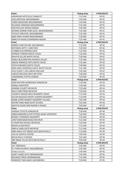 Point Pickup Time 4 PM ROUTE AASHIRVAD APTS DCLF CAMELOT 7:51 AM KP 41 JAIN