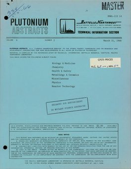 ' Plutonium Battelle Memorial Institute / Pacific Noqthwest Laboratory