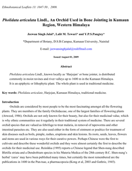 Pholidata Articulata Lindl., an Orchid Used in Bone Jointing in Kumaun Region, Western Himalaya