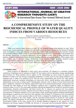 A Comprehensive Study on the Biochemical Profile of Water Quality Indices from Various Resources