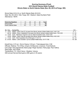 Scoring Summary (Final) 2013 North Dakota State Football Illinois State Vs North Dakota State (Nov 09, 2013 at Fargo, ND)