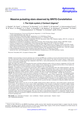 Massive Pulsating Stars Observed by BRITE-Constellation I