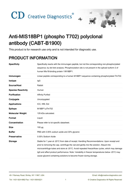 Anti-MIS18BP1 (Phospho T702) Polyclonal Antibody (CABT-B1900) This Product Is for Research Use Only and Is Not Intended for Diagnostic Use